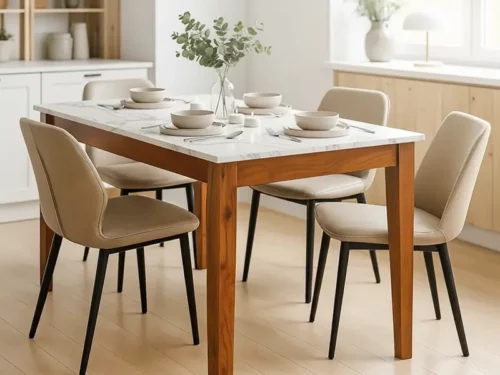 Geon 6 Seater Wooden Dining Table Set with Marble Top – Premium Teak Wood Finish