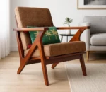 Mid-Century Modern Teak Wood Sofa Set with Brown Fabric Upholstery 1 seater