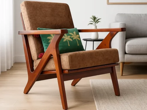 Mid-Century Modern Teak Wood Sofa Set with Brown Fabric Upholstery 1 seater