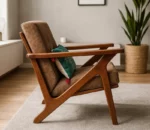 Mid-Century Modern Teak Wood Sofa Set with Brown Fabric Upholstery 1 seater