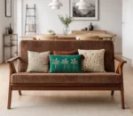 Mid-Century Modern Teak Wood Sofa Set with Brown Fabric Upholstery 3 seater