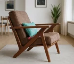 Mid-Century Modern Teak Wood Sofa Set with Brown Fabric Upholstery 1 seater