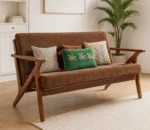 Mid-Century Modern Teak Wood Sofa Set with Brown Fabric Upholstery 3 seater