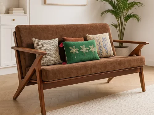 Mid-Century Modern Teak Wood Sofa Set with Brown Fabric Upholstery 3 seater