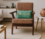 Mid-Century Modern Teak Wood Sofa Set with Brown Fabric Upholstery 1 seater