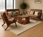 Mid-Century Modern Teak Wood Sofa Set with Brown Fabric Upholstery 3+1+1