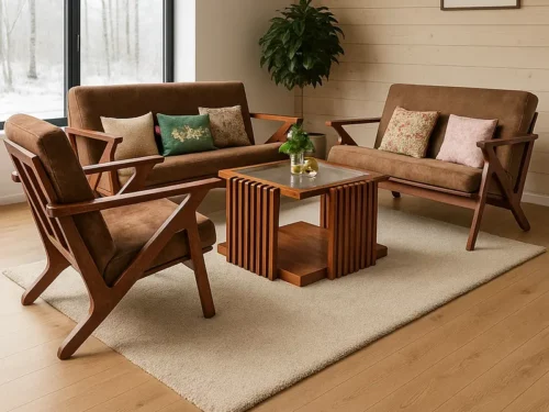 Mid-Century Modern Teak Wood Sofa Set with Brown Fabric Upholstery 3+1+1