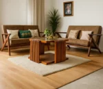 Mid-Century Modern Teak Wood Sofa Set with Brown Fabric Upholstery 3+2