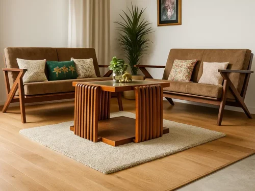 Mid-Century Modern Teak Wood Sofa Set with Brown Fabric Upholstery 3+2