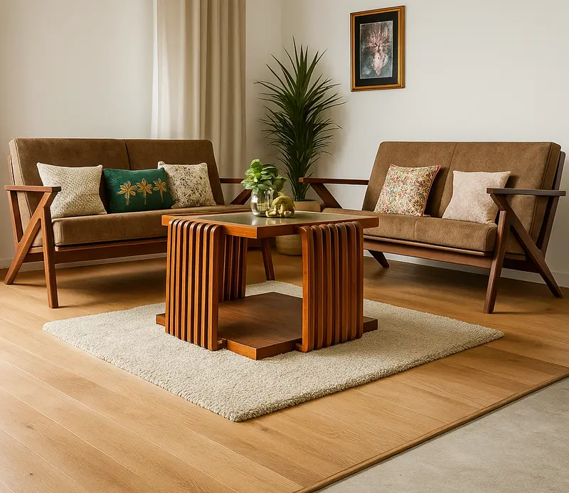 Mid-Century Modern Teak Wood Sofa Set with Brown Fabric Upholstery 3+2