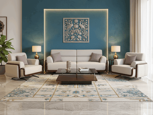 Modern Beige Upholstered Sofa Set with Wooden Trim – 3+1+1 (1)