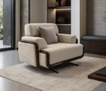 Modern Beige Upholstered Sofa Set with Wooden Trim – 3+1+1