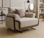 Modern Beige Upholstered Sofa Set with Wooden Trim – 3+1+1