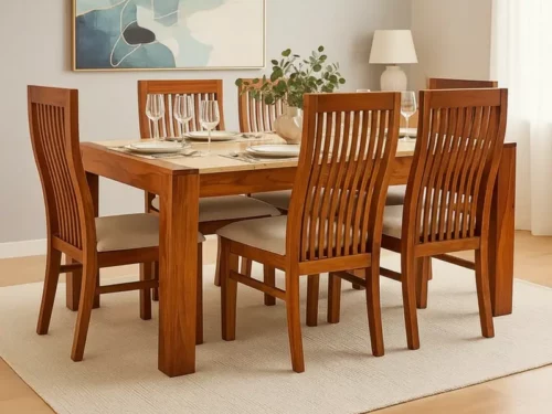 Opulent 6 Seater Wooden Dining Table with Marble Top – Teak Finish