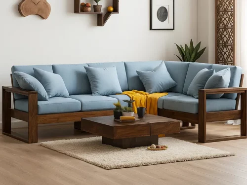 Solid Teak Finish Wood L Shape Sofa with Pastel Blue Upholstery – Modern Corner Sofa Set