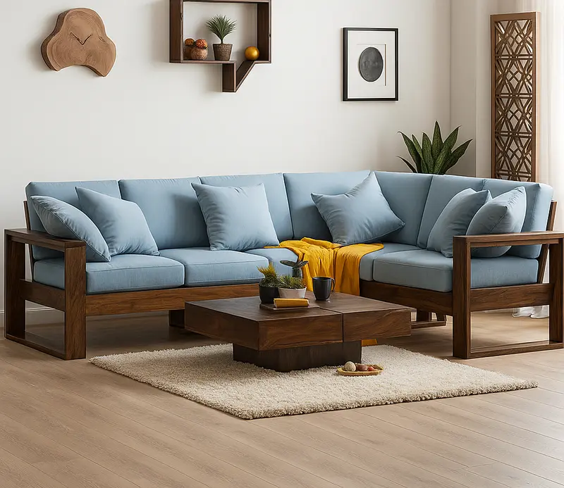 Solid Teak Finish Wood L Shape Sofa with Pastel Blue Upholstery – Modern Corner Sofa Set