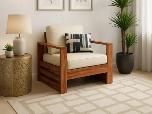 Solid Teak Finish Wooden 5 Seater Sofa Set with Beige Upholstery & Modern Wooden Frame