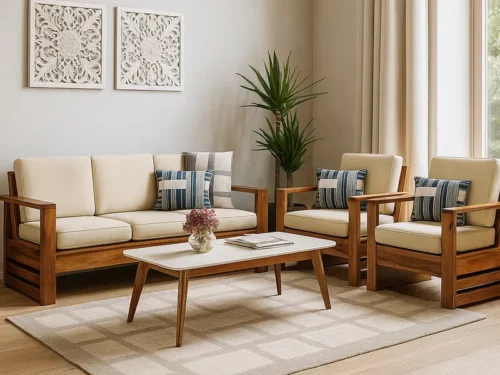 Solid Teak Finish Wooden 5 Seater Sofa Set with Beige Upholstery & Modern Wooden Frame