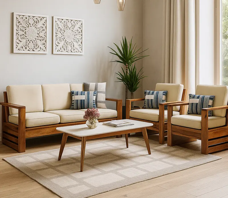 Solid Teak Finish Wooden 5 Seater Sofa Set with Beige Upholstery & Modern Wooden Frame