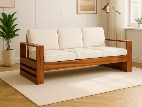 Solid Teak Finish Wooden 5 Seater Sofa Set with Beige Upholstery & Modern Wooden Frame