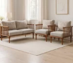 Solid Wood Teak Finish 5 Seater Sofa Set with Beige Upholstery & Floral Cushions – Classic Spindle Design