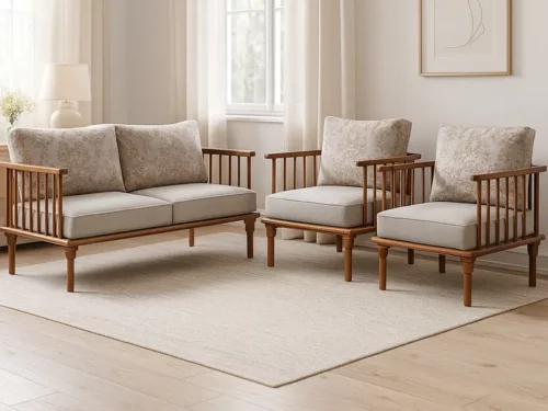 Solid Wood Teak Finish 5 Seater Sofa Set with Beige Upholstery & Floral Cushions – Classic Spindle Design