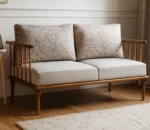 Solid Wood Teak Finish 5 Seater Sofa Set with Beige Upholstery & Floral Cushions – Classic Spindle Design