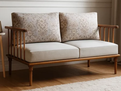 Solid Wood Teak Finish 5 Seater Sofa Set with Beige Upholstery & Floral Cushions – Classic Spindle Design