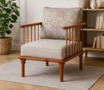 Solid Wood Teak Finish 5 Seater Sofa Set with Beige Upholstery & Floral Cushions – Classic Spindle Design