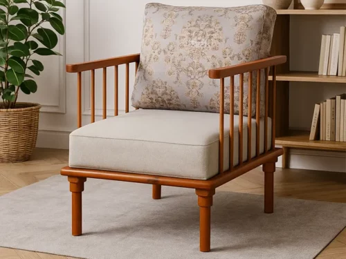 Solid Wood Teak Finish 5 Seater Sofa Set with Beige Upholstery & Floral Cushions – Classic Spindle Design