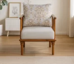 Solid Wood Teak Finish 5 Seater Sofa Set with Beige Upholstery & Floral Cushions – Classic Spindle Design