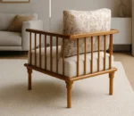 Solid Wood Teak Finish 5 Seater Sofa Set with Beige Upholstery & Floral Cushions – Classic Spindle Design