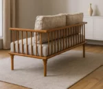 Solid Wood Teak Finish 5 Seater Sofa Set with Beige Upholstery & Floral Cushions – Classic Spindle Design