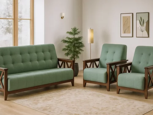Teak Finish Wooden 5 Seater Sofa Set with Green Tufted Cushions & Modern X-Design Armrests (1)