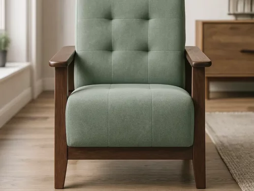 Teak Finish Wooden 5 Seater Sofa Set with Green Tufted Cushions & Modern X-Design Armrests (1)