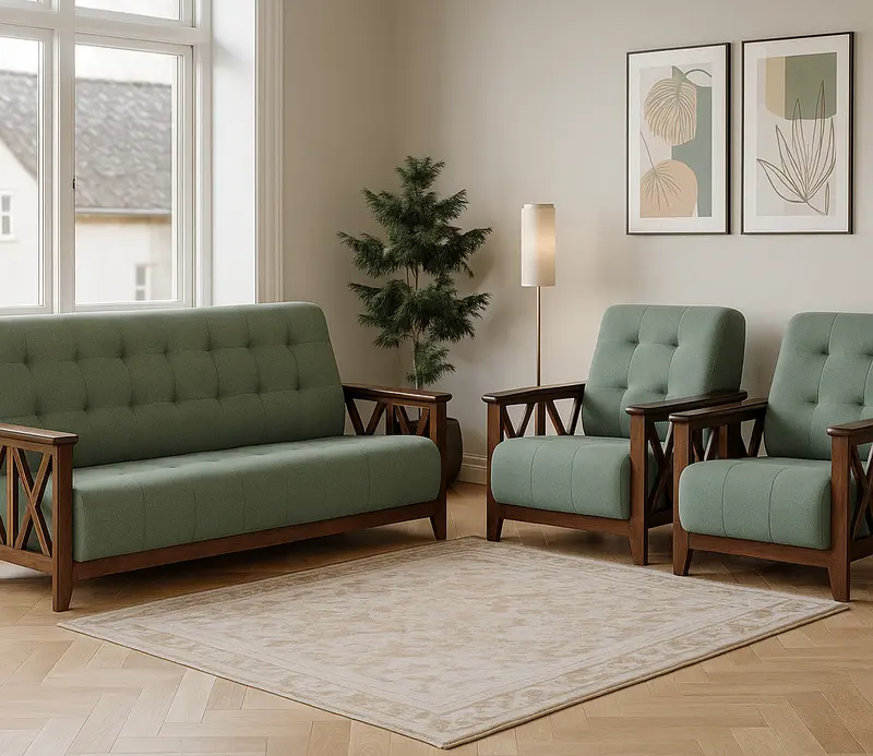 Teak Finish Wooden 5 Seater Sofa Set with Green Tufted Cushions & Modern X-Design Armrests (1)