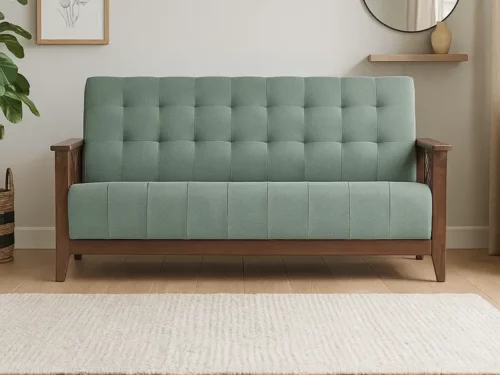 Teak Finish Wooden 5 Seater Sofa Set with Green Tufted Cushions & Modern X-Design Armrests (1)