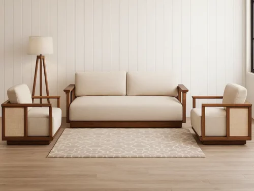 Teak Finish Wooden 5 Seater Sofa Set with Ivory Cushions & Cane Panel Armrests – Modern Minimalist Design