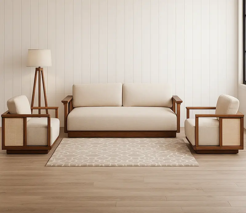 Teak Finish Wooden 5 Seater Sofa Set with Ivory Cushions & Cane Panel Armrests – Modern Minimalist Design