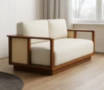 Teak Finish Wooden 5 Seater Sofa Set with Ivory Cushions & Cane Panel Armrests – Modern Minimalist Design