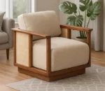 Teak Finish Wooden 5 Seater Sofa Set with Ivory Cushions & Cane Panel Armrests – Modern Minimalist Design