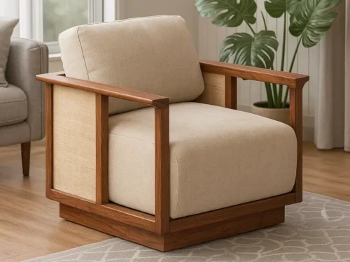 Teak Finish Wooden 5 Seater Sofa Set with Ivory Cushions & Cane Panel Armrests – Modern Minimalist Design