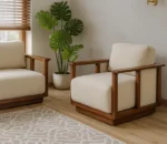 Teak Finish Wooden 5 Seater Sofa Set with Ivory Cushions & Cane Panel Armrests – Modern Minimalist Design