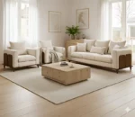 Tevora – Modern Fabric Sofa Set with Solid Teak Wood Frame, Beige Upholstery