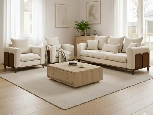 Tevora – Modern Fabric Sofa Set with Solid Teak Wood Frame, Beige Upholstery