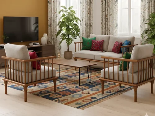 Wooden Sofa Set 3+1+1, Solid Wood Teak Finish – Beige Upholstery with Floral Cushions, Classic Spindle Design