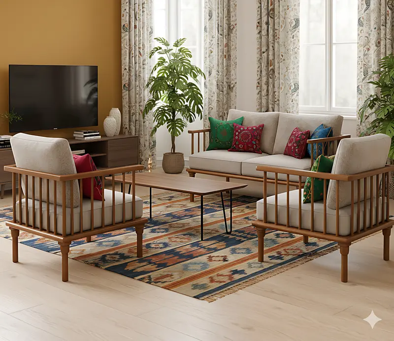 Wooden Sofa Set 3+1+1, Solid Wood Teak Finish – Beige Upholstery with Floral Cushions, Classic Spindle Design