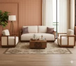 Wooden Sofa Set 5‑Seater, Teak Finish – Ivory Cushions, Cane Panel Armrests, Modern Minimalist Living Room