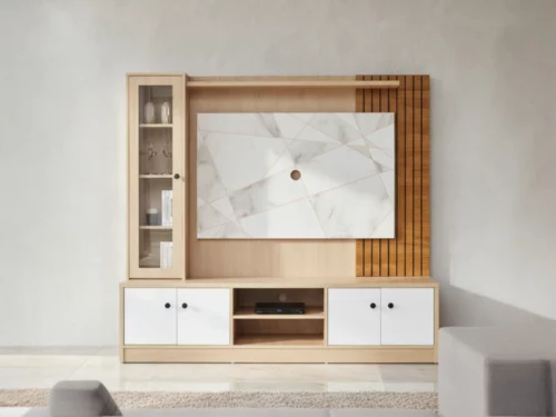 Modern media center with wood grain finish, decorative slat paneling, and an integrated glass display case