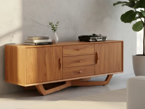 Imported teak wood TV unit with geometric base, three central drawers, two side compartments, and smooth natural finish